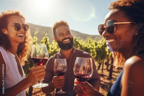 Friends toasting glasses of wine in a picturesque vineyard during the daytime, under the warm sun, showcasing their celebration and camaraderie amidst the vineyard's beauty.