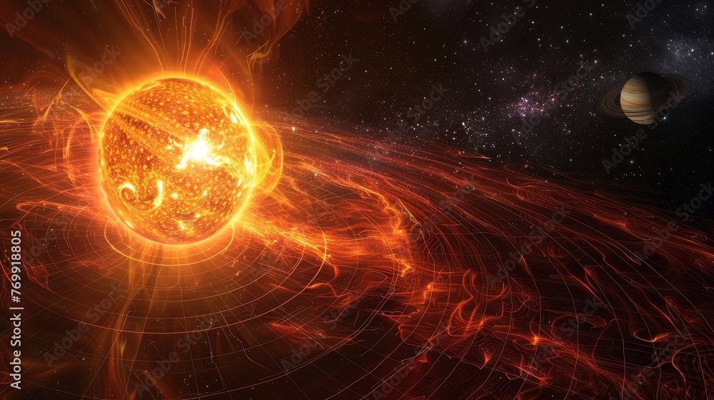 Digital artwork of the sun's surface with swirling magnetic field lines and a distant planet against a starry background.