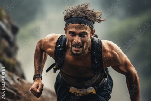 A determined young Caucasian runner conquers a challenging mountain trail, sweat glistening on his brow, showcasing his intense focus and the rugged outdoor terrain of trail running.