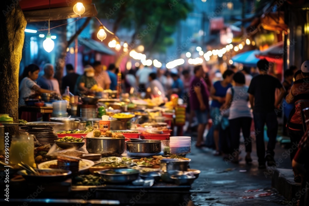 A lively street market in a bustling city, with marketgoers blurred in the foreground, sampling street food and shopping for exotic goods, during the evening.