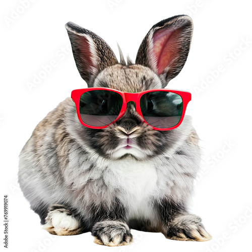 cute fluffy rabbit with red stylish sunglasses on white background.