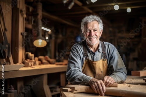 A senior carpenter in a rustic woodshop  posing with a carpentry tool and a beautifully finished wooden piece  radiating competence and precision in the craft of woodworking.