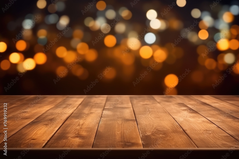 The empty wooden table top with blur background of restaurant at night. Exuberant image. generative ai