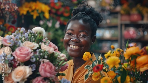 Florist's Joy Amidst Petal Perfection,  florist's joy is palpable as she is surrounded by a cornucopia of flowers, with each bloom contributing to the tapestry of her bright, blooming haven © Viktorikus