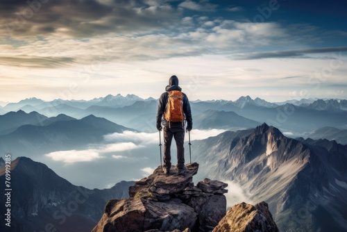 A hiker, reaching the pinnacle of a mountain, looks out at the breathtaking panorama, standing proudly. His seasoned experience, determination are unmistakable, gratification of outdoor adventures.