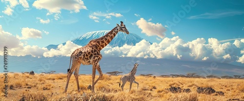 Wild african giraffe on Kilimanjaro mount background. National park of Kenya, Africa. AI generated illustration