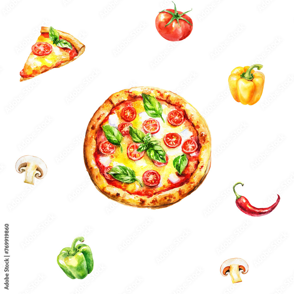 Seamless pattern pizza with vegetables,, transparent background Seamless pattern pizza with vegetables,, transparent background
