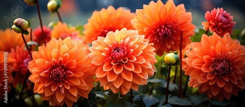 A group of orange dahlias, herbaceous flowering plants in the daisy family, is blooming in the garden, showcasing their vibrant petals in a closeup view photo
