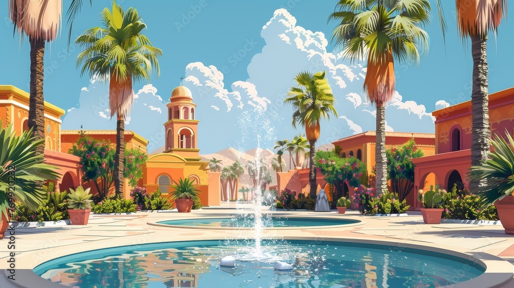A stunning, vibrant oasis scene at a luxury resort, featuring a fountain, lush palm trees, and traditional architecture under a clear blue sky.
