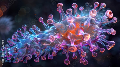 A futuristic representation of a viral particle  digitally enhanced with neon coloring to highlight its complex and mesmerizing surface structures.