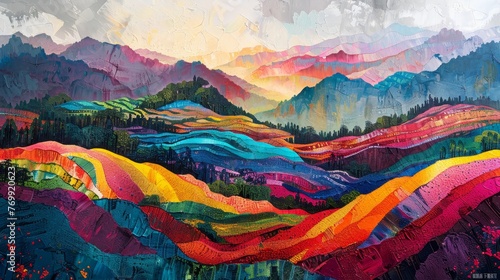 Vibrant and textured abstract landscape painting, featuring rolling hills and mountains in a spectrum of bold, contrasting colors, under a crackled sky. © Sodapeaw