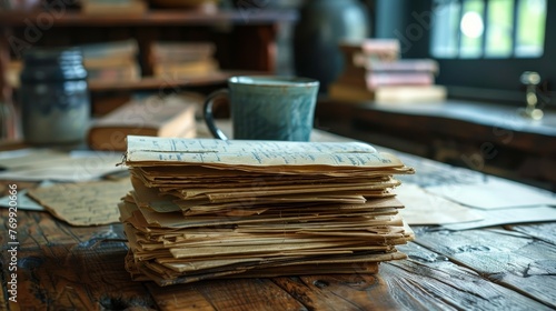A pile of old, tattered letters accompanied by a comforting cup of coffee on a rustic wooden desk, evoking nostalgia for a bygone era of handwritten communication.