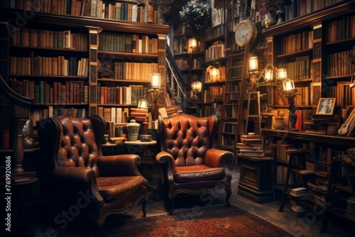 Vintage bookstore with old books photo