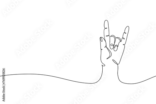 Rock on hand gesture one line drawing. Palm with fingers in rock sign, continuous line hand sign of rocker for print. Vector simple sketch