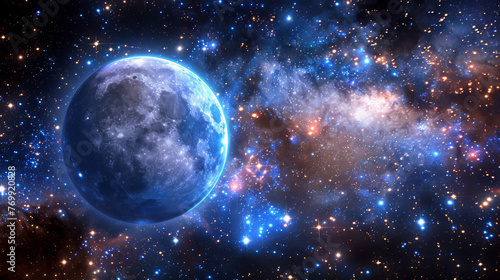 A blue moon is surrounded by a galaxy of stars. Concept of wonder and awe at the vastness of the universe