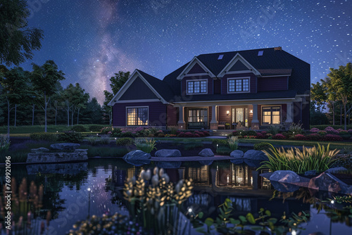Suburban luxury embodied in a newly built home with a deep plum exterior, highlighted by elegant landscaping and a shimmering pond in the front 