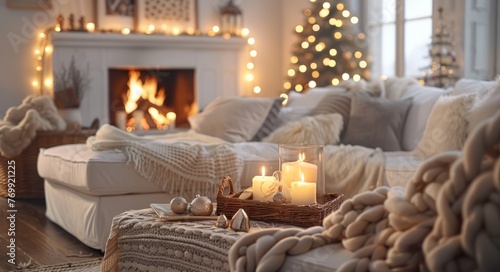 A cozy living room with white furniture, soft blankets and candles, a fireplace in the background