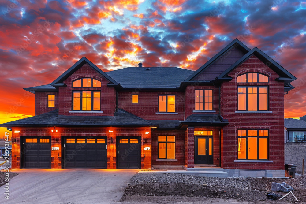 Sunset view of a newly constructed suburban house with a crimson brick exterior, large bay windows, and a double garage with blank labels for copy space Sunset view of a newly constructed suburban house with a crimson brick exterior, large bay windows, and a double garage with blank labels for copy space