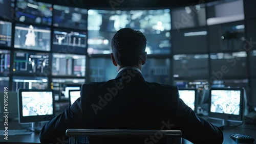 Security Professional Monitoring Multiple CCTV Feeds. Rear view of a security professional attentively overseeing multiple surveillance screens in a dark, high-tech control room.