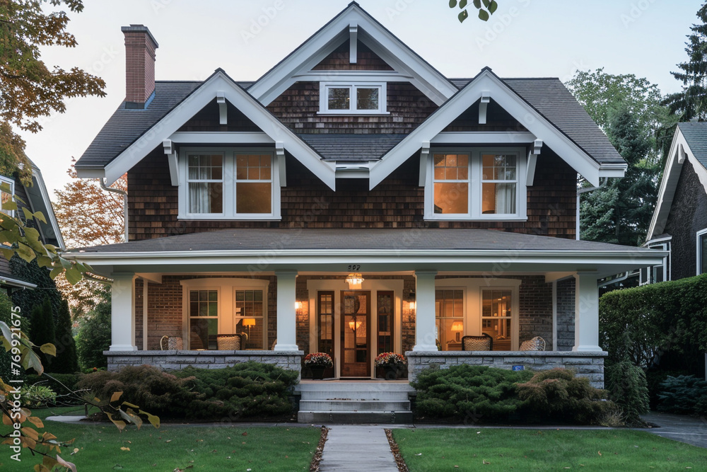 Symmetrical picture of a cozy, 2 story house with white trim windows, four square, craftsman, design architecture