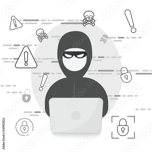 Hacker in black hood with laptop trying to cyber attack.Hacker sitting at the desktop.icons isolated on white background. hacker icon thin line outline linear hacker symbol for logo, web, app, UI.