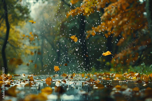 landscape autumn rain drops splashes in the forest background, october weather landscape beautiful park © Zoraiz