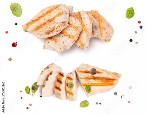 Grilled pieces of chicken breast set. Grilled meat,  fresh green basil leaf and pepper mix isolated on transparent background png. grilling season	
 
