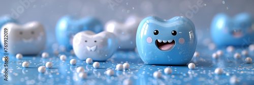 Playful Animated Teeth Characters in a Bright White and Blue Color Scheme, Depicting Dental Health and Happiness