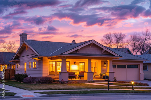 Twilight setting with a pink and purple sky behind a beige Craftsman style house in a suburban landscape, porch lights just turned on, offering a 