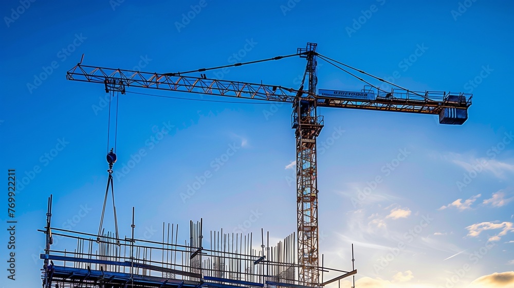In this high-definition image, a construction crane rises gracefully against a brilliant blue sky, symbolizing ambition and growth. In this high-definition image, a construction crane rises gracefully against a brilliant blue sky, symbolizing ambition and growth.