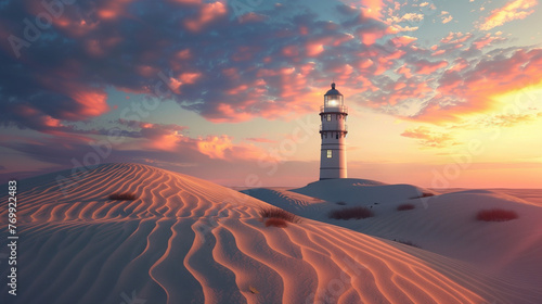 lighthouse amidst dunes in desert, under a sky with sunset colors