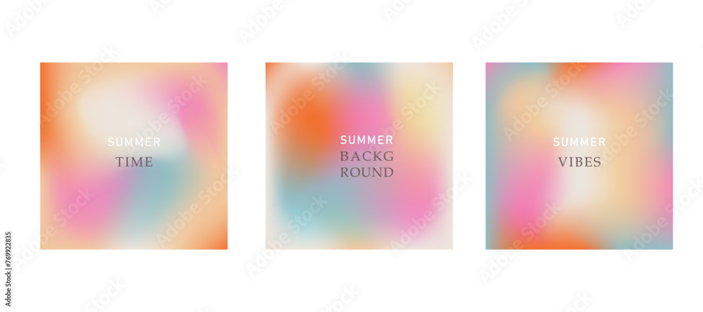 Summer backgrounds, Trendy gradients, typography, y2k. Modern templates for social media posts, ads, covers, banners design. Vector aesthetic summer set.