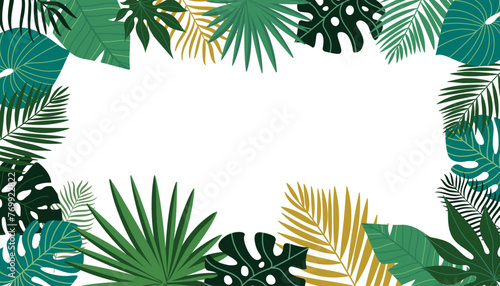Summer abstract background, banner, poster with tropical leaves. Jungle exotic leaves. Modern trendy colorful design. Vector template for social media posts.