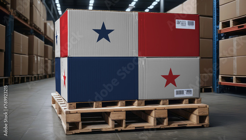 Cardboard boxes and a pallet with the Panama flag, symbolizing export-import business