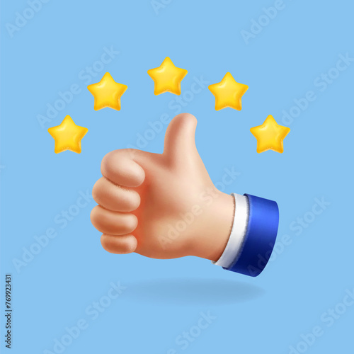 Thumb up five star icon. Positive feedback. Like sign, good rating. Best review. Approval symbol Vector illustration 3d © lightgirl