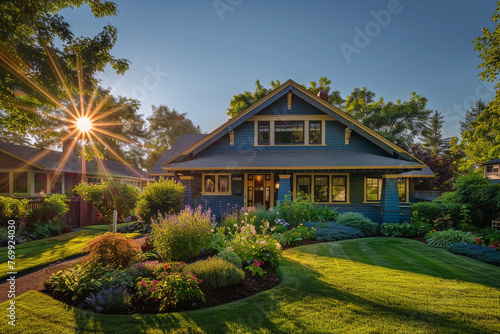 High noon, with the sun directly overhead casting short shadows, showcasing a rich blue Craftsman style house surrounded by a well-kept garden in a 