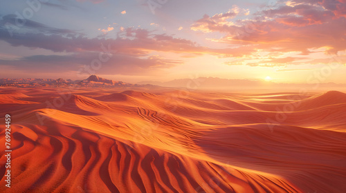 3D illustration of a sprawling desert at sunset shadows stretching long