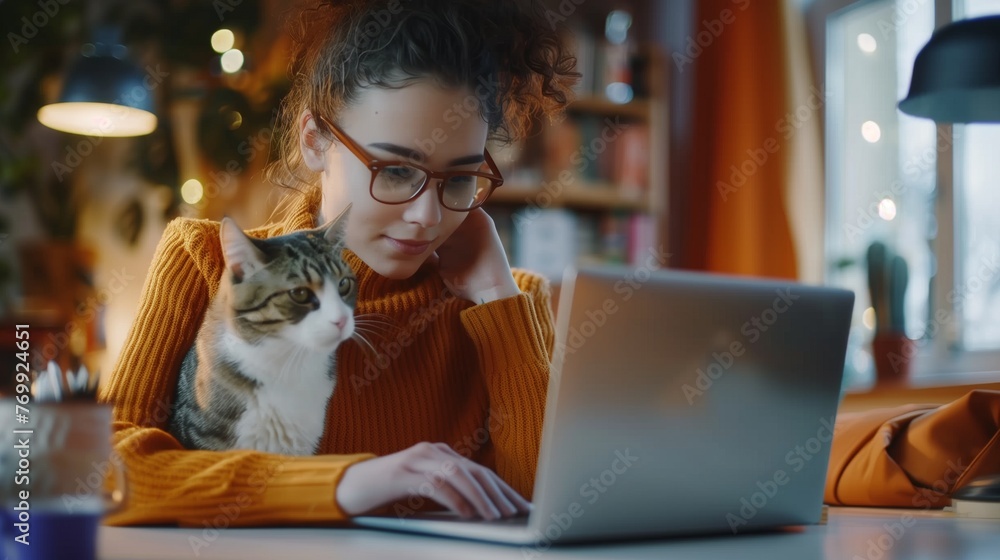 working from home concept young freelancer woman in eyeglasses works at home with a laptop and a cat remote work shopping education