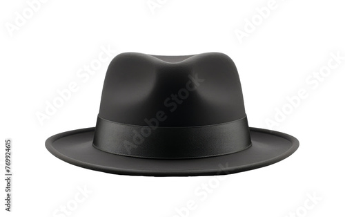 A solitary black hat poised on a stark white background