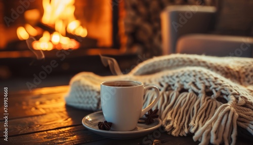 A cup of coffee sits on the table in front of an open fireplace, with warm blankets and furniture nearby