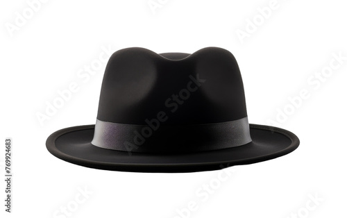 A black hat with a sleek band around the brim sits against a contrasting backdrop