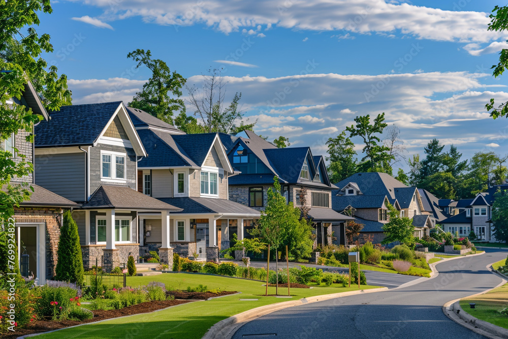 Houses in suburb at Summer in the north America. Luxury houses with nice landscape. Houses in suburb at Summer in the north America. Luxury houses with nice landscape.