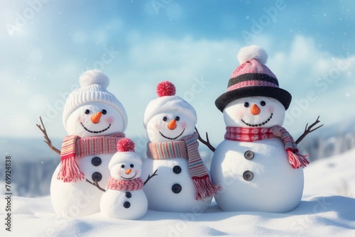 Snowman family with different sizes and expressions, wearing colorful winter hats and scarves, against a snowy background. © Michael Böhm