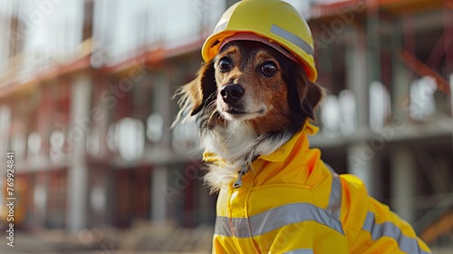In this ultra-realistic portrayal, a dedicated dog dressed in safety gear, including a bright yellow helmet and reflective jacket, captures the essence of 