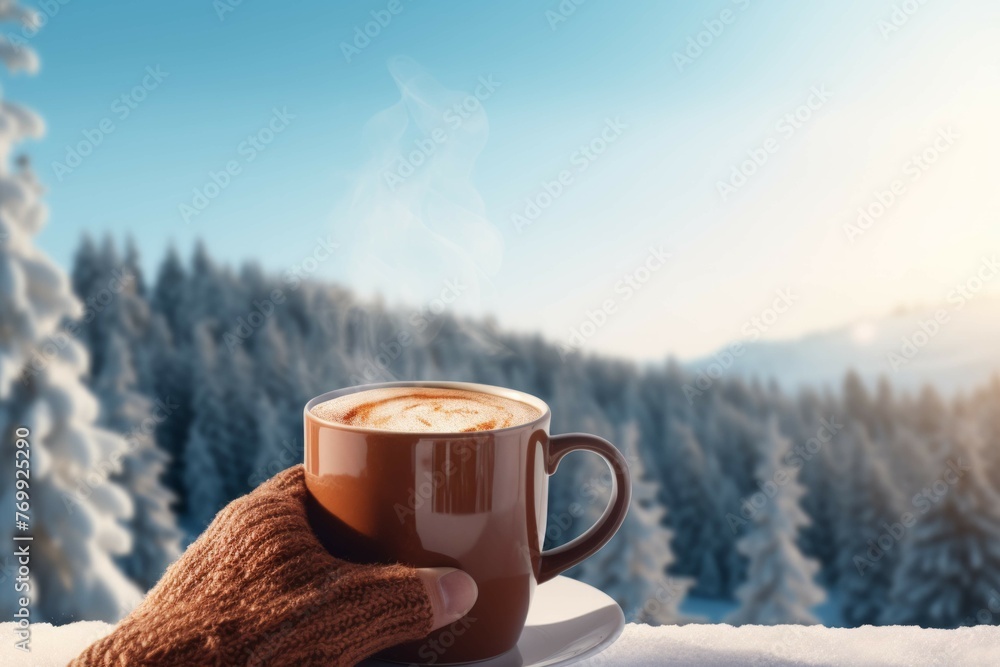 Warm and comforting winter drink on a snowy mountain. - obrazy, fototapety, plakaty 