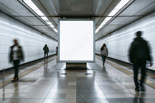 Blank billboard mock up in a subway station with walking people, underground interior. Urban light box inside advertisement metro vertical