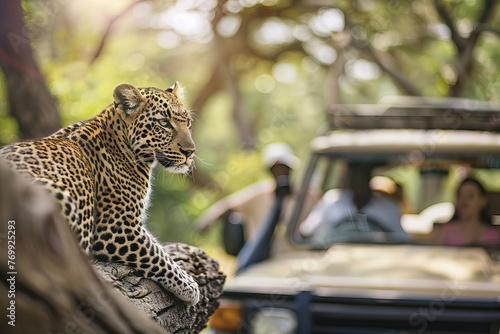 Tourists watching wild leopard walking in african savannah. AI generated illustration photo