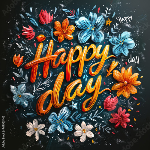 Illustration with a colorful lettering - Happy day and flowers in chalk design style on a black background. The pattern is perfect for the design of posters, cards, banners, chalk boards