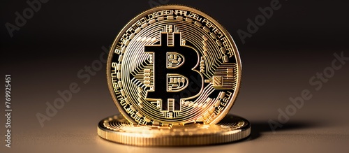 A closeup shot of a bitcoin coin on a table, showcasing its metal texture and intricate emblem design. The macro photography captures every detail of the symbol in a circular fashion accessory photo