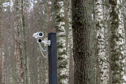 White surveillance video camera in a winter forest against a background of trees.